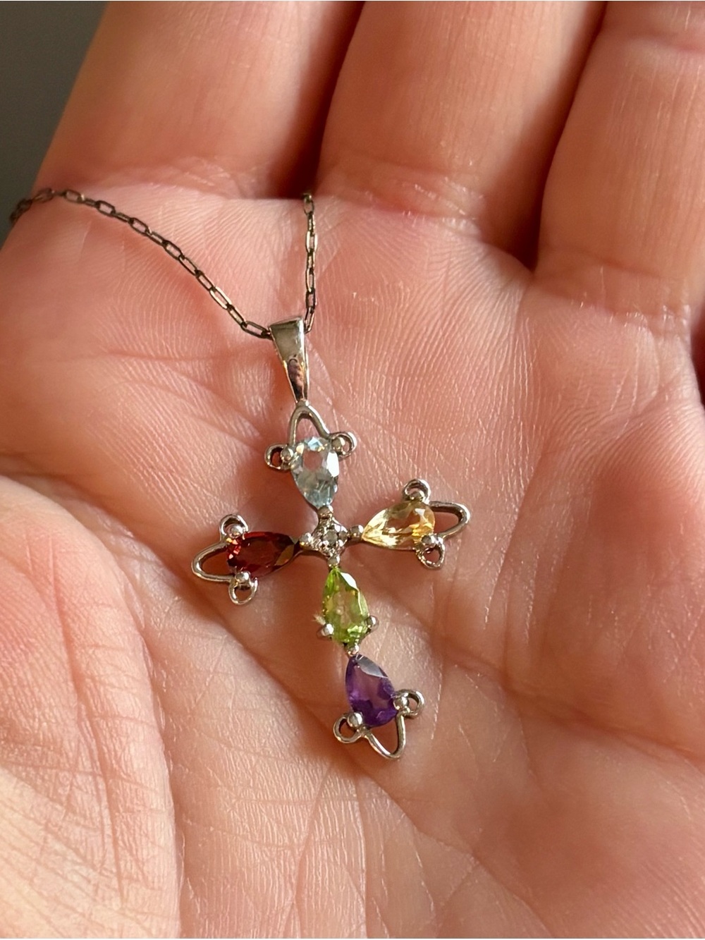 Vintage Ross Simons RSE Silver Multi Gem Cross Pendant Two Tone 14K GF Chain - Picture 6 of 9